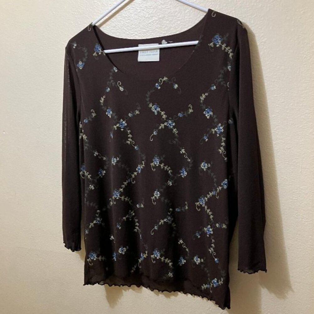 Y2K First Issue Women's Brown Floral Sheer Sleeve Lettuce Hem Blouse Size S/M
